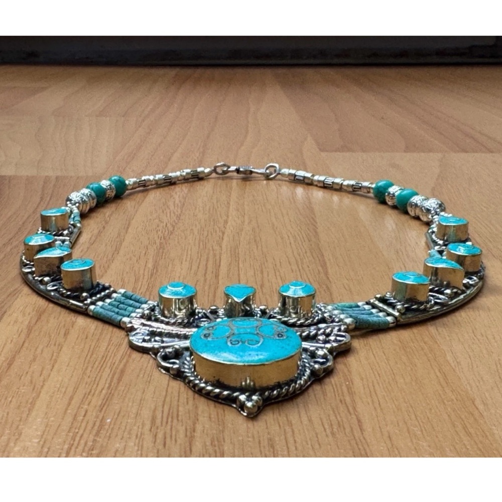 Handcrafted Ethnic Tribal Style Necklace Inlay Turquoise Set In Silver 124grams - Picture 3 of 7